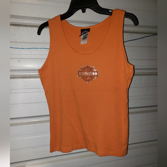 XL Size Harley Davidson women's orange tank top shirt rhinestones - Picture 1 of 4